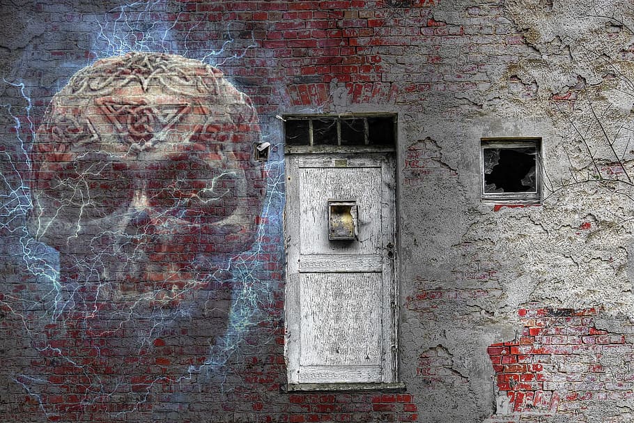white door, haunted house, skull, brick, wall, vintage, spooky, HD wallpaper