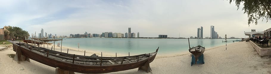 wide angle photo of shore, Abudhabi, Uae, Dubai, Boot, Panorama HD wallpaper