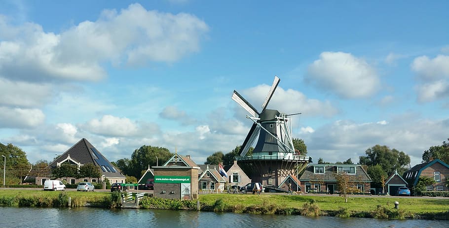 dutch windmill, channels, sky, old, netherlands, history, old-fashioned HD wallpaper