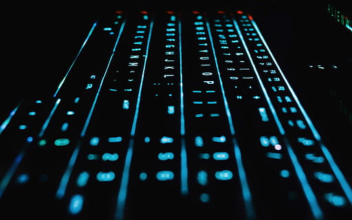 computer mechanical keyboard with blue LED light, shallow focus photography of keyboard HD wallpaper