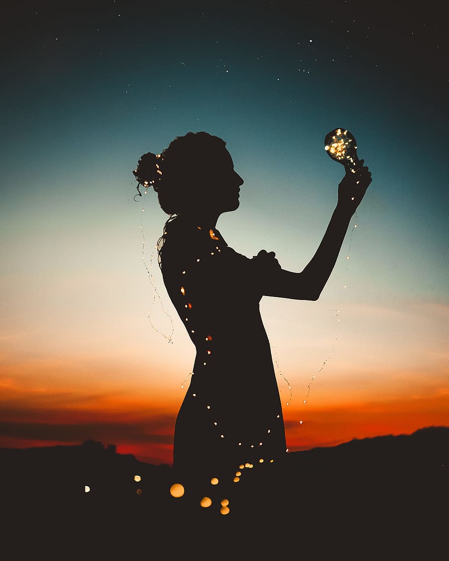 light, dawn, sunset, person, art, backlit, dusk, fairy lights HD wallpaper