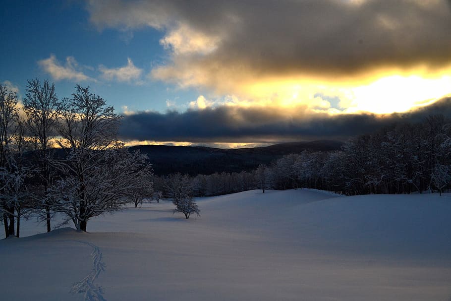 Mountain, Snow, Winter, Sunset, Clouds, sky, nature, scenery HD wallpaper