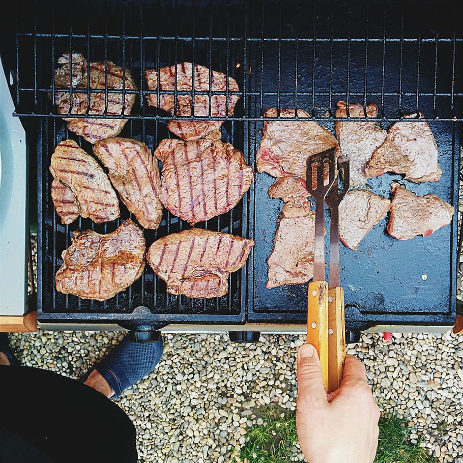 Pork steaks barbeque, grilling, hands, meat, outside, process HD wallpaper