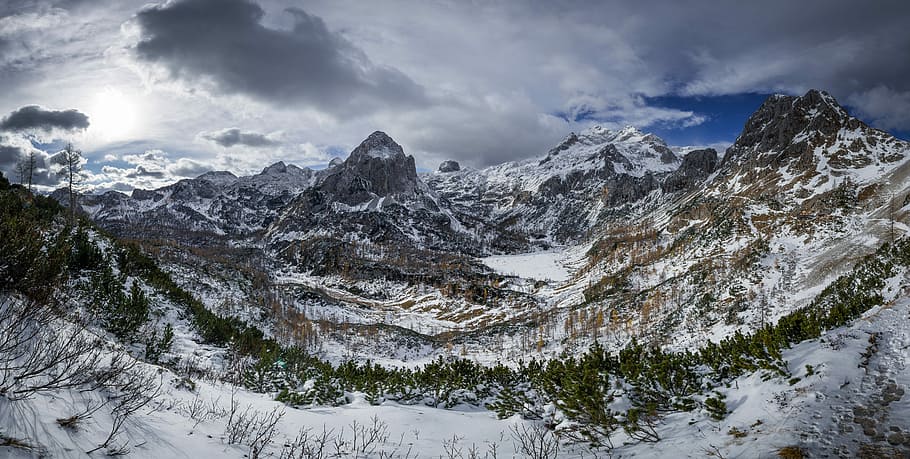 Autumn and winter in the Alps, mountains with clouds, snow, rock HD wallpaper