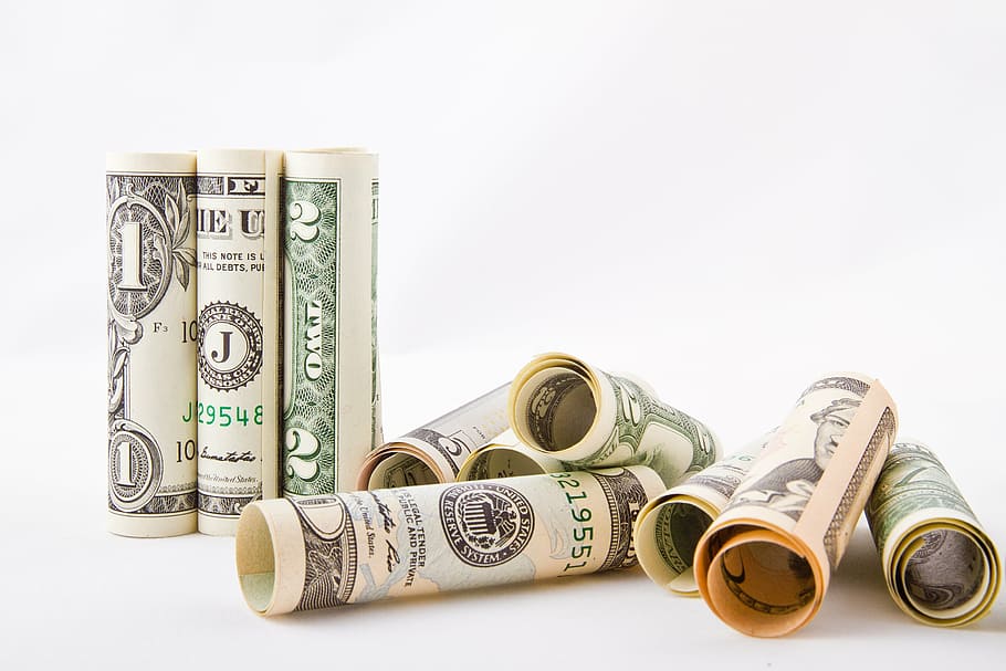 rolled U.S. dollar banknotes, money, crisis, bill, currency, finances, HD wallpaper