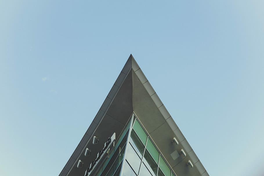 low angle view of gray building under blue sky, danger, road, HD wallpaper