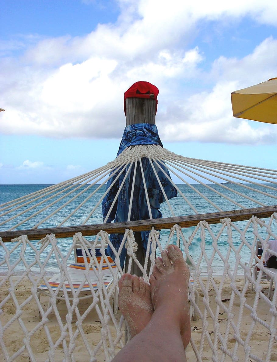 beach, hammock, toes, sand, sea, relax, ocean, holiday, sky HD wallpaper