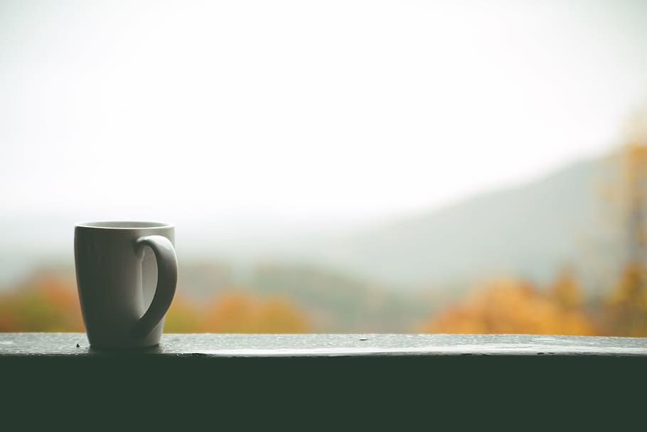 white cup placed in white concrete table, mug, coffee, window HD wallpaper
