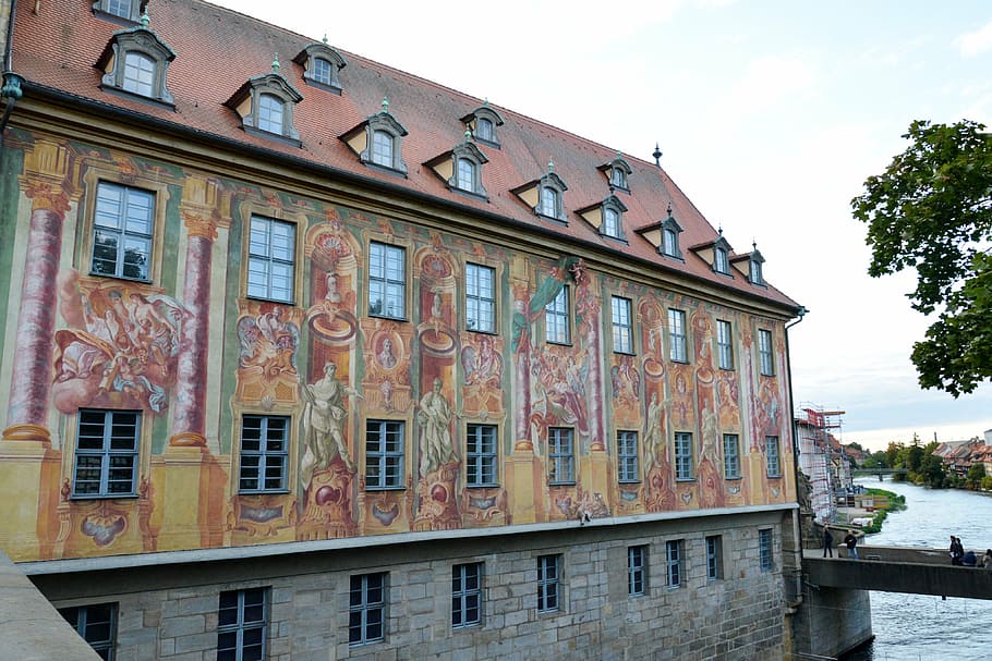 bamberg, town hall, bridge, regnitz, building, arch, architecture HD wallpaper