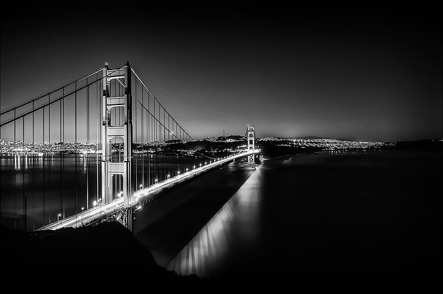 grayscale Golden State Bridge cityscape, san fran, frisco, san francisco, HD wallpaper