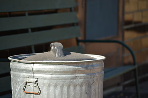 garbage can, bench, door, small town, trash, outdoor, trashcan HD wallpaper