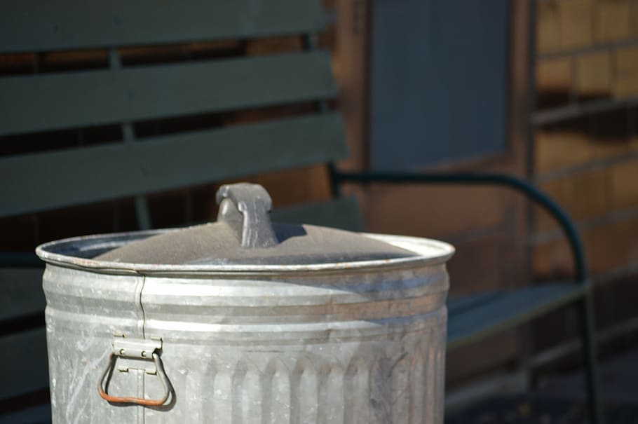garbage can, bench, door, small town, trash, outdoor, trashcan HD wallpaper
