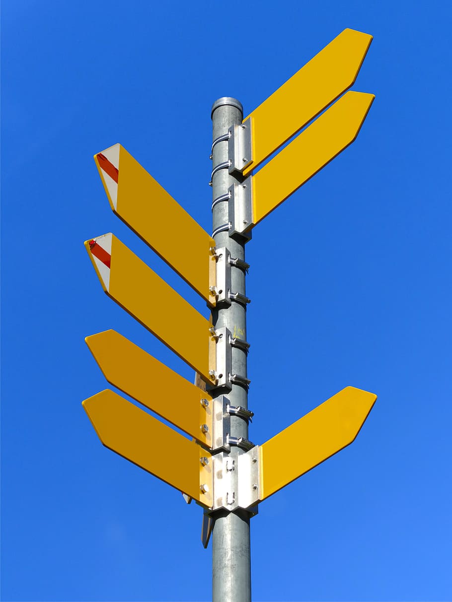 yellow and gray street road signage, signposts, directory, path direction HD wallpaper