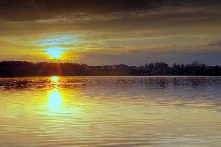 Sunset, Water, Lake, River, Sea, Pond, evening, glow, clouds HD wallpaper