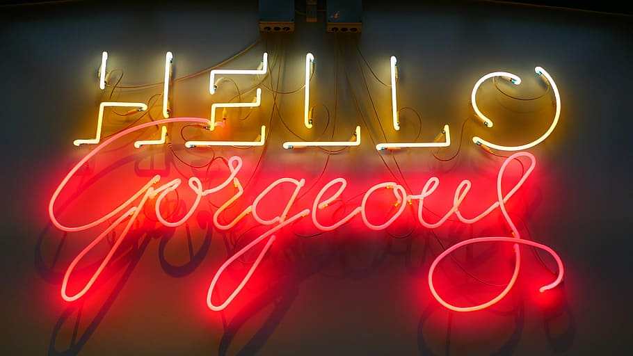 yellow and red hello gorgeous neon light signage, yellow and red hello gorgeous neon signage