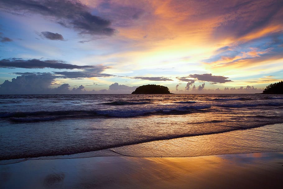 landscape photography of sea waves, sunset, scene, nature, coast HD wallpaper