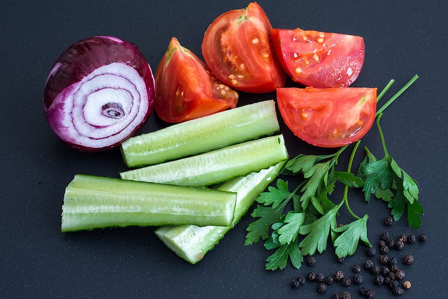 flat lay photography of variety of sliced spices, tomatoes HD wallpaper