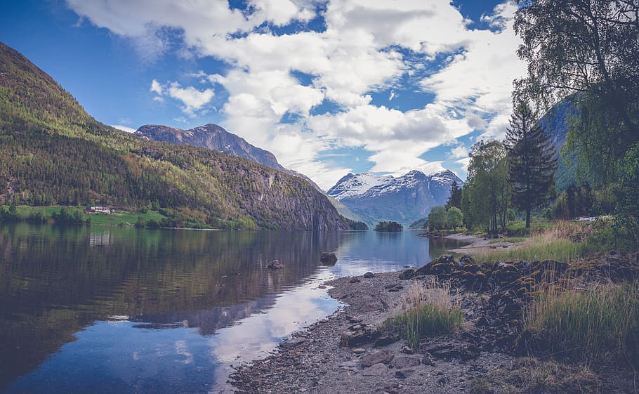 mountains, nature, sky, water, clouds, daylight, forest, grass HD wallpaper