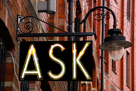 photography of black metal sconce street light with ASK LED light signage HD wallpaper