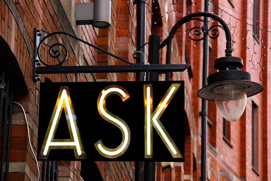 photography of black metal sconce street light with ASK LED light signage HD wallpaper