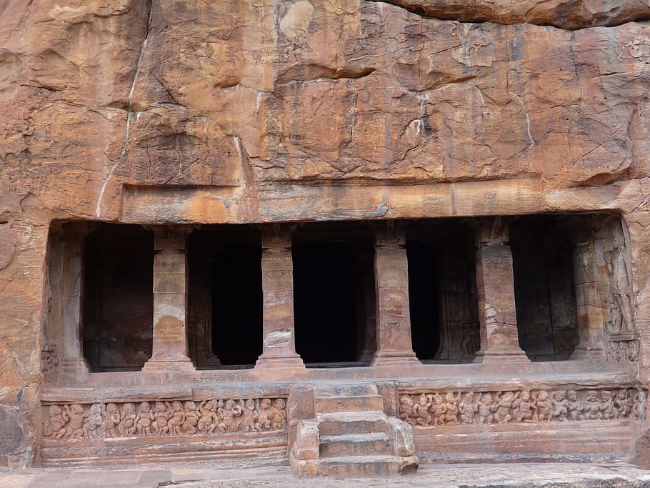 Caves, Cave Temple, Sand, Stone, sand stone, red, badami, karnataka, HD wallpaper