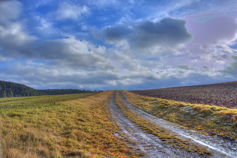 lane, sky, arable, field, landscape, nature, clouds, away, meadow HD wallpaper