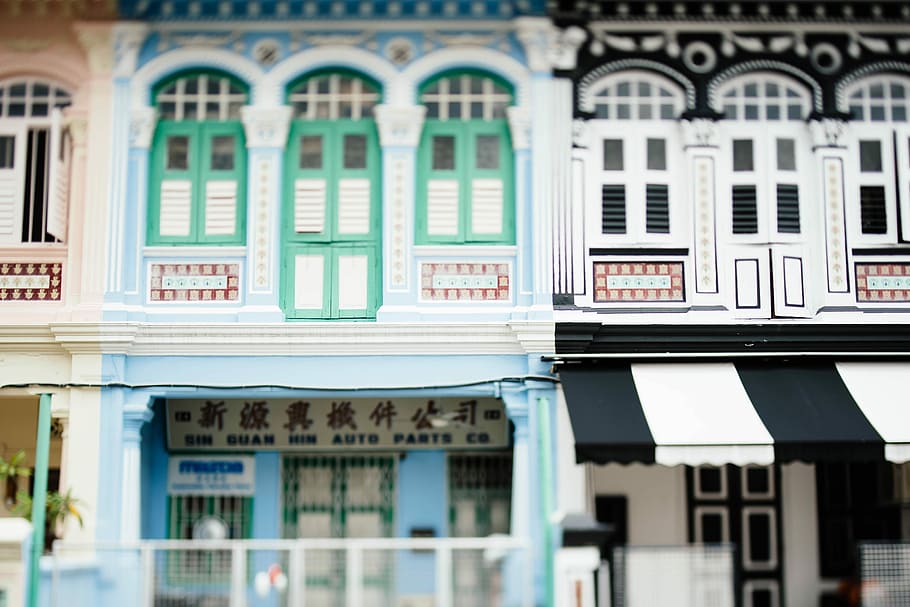 white and black painted house at daytime, white and black striped awnings HD wallpaper