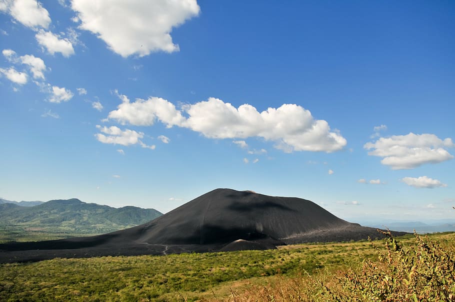 volcano, landscape, view, black, ash, lava, clouds, sky, nature HD wallpaper