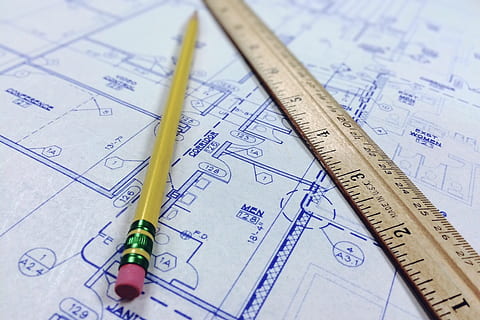 brown pencil with brown wooden ruler, blueprint, architecture HD wallpaper
