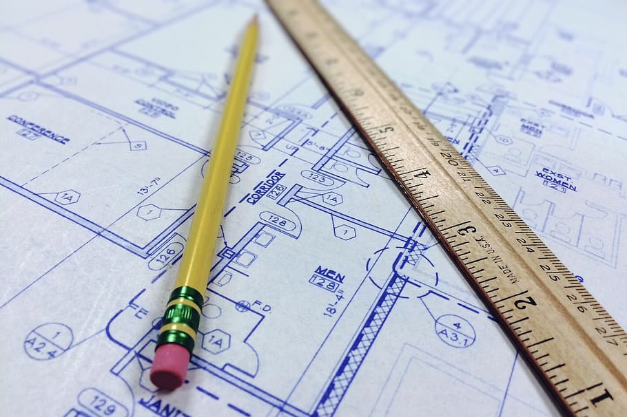 brown pencil with brown wooden ruler, blueprint, architecture HD wallpaper
