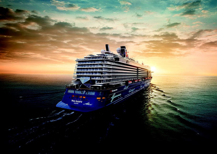 white and blue cruise ship on body of water, transportation HD wallpaper