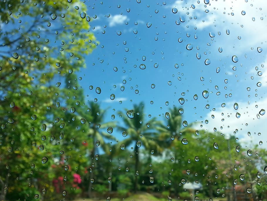 sky, clouds, trees, glass, blur, bubble, clear, colors, droplets HD wallpaper