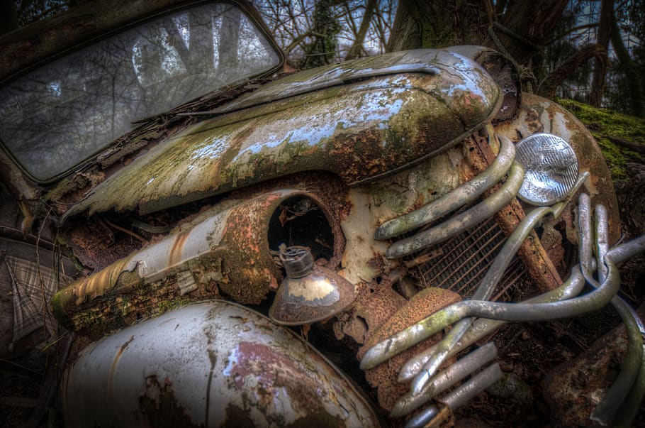 abandoned, car, classic, rusty, rotten, broken, old, transportation