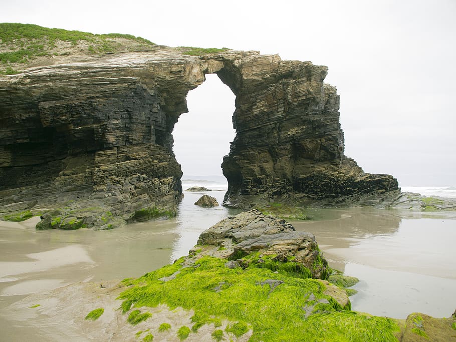 rocks, arc, cathedrals beach, ribadeo, water, solid, rock - object