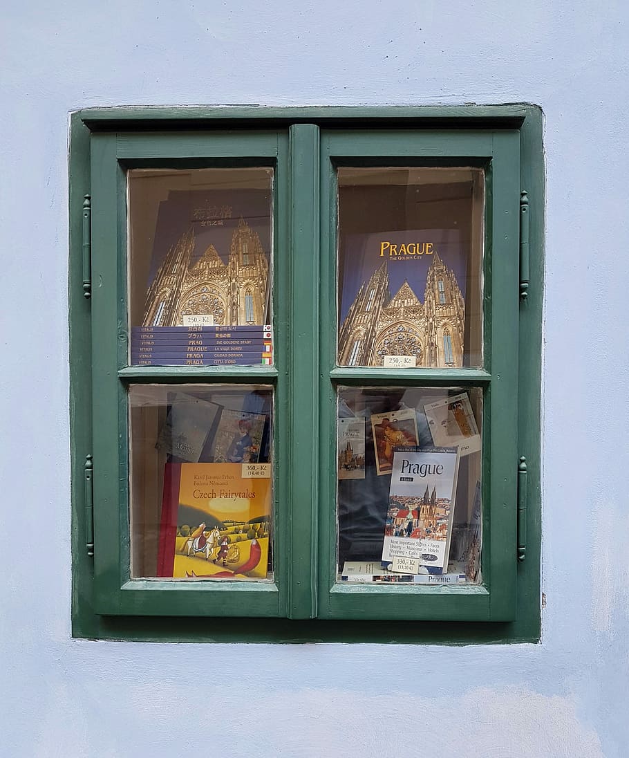 green wooden window panel, four books in display cabinet, window display HD wallpaper