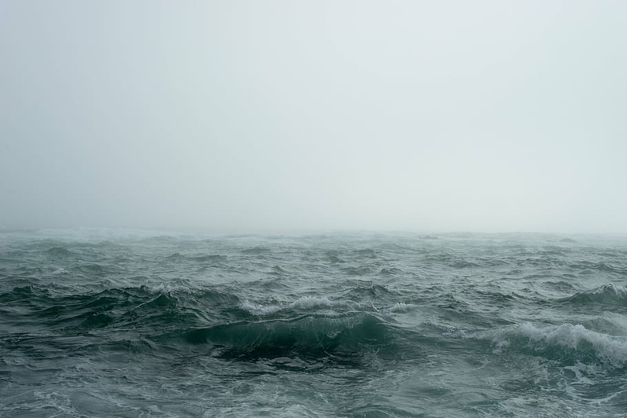 sea waves, fog, mist, nature, ocean, outdoors, sky, storm, surf, HD wallpaper