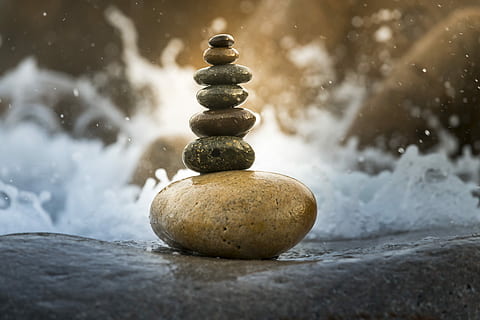 brown balance rock near body of water, background, harmony HD wallpaper