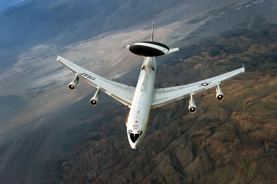 white airplane flying during daytime, e-3 sentry, radar, landscape HD wallpaper