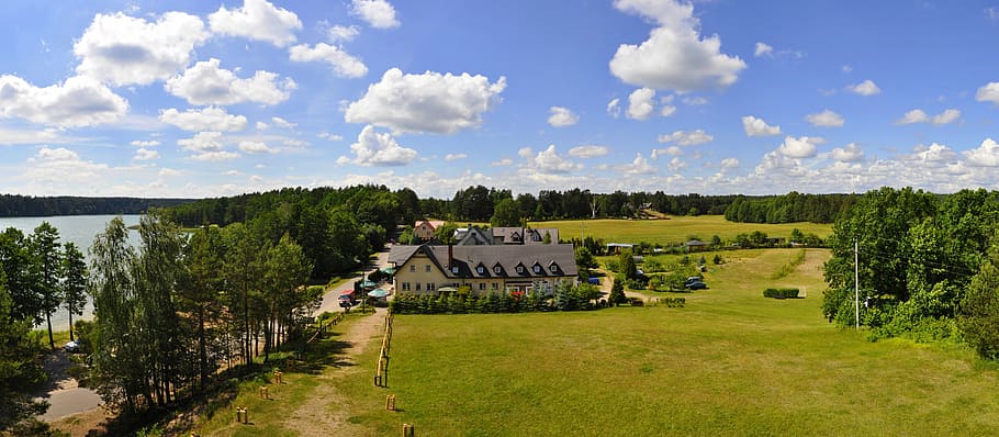 panoramic, nature, tree, sky, lawn, rural district, field, cloud - sky HD wallpaper