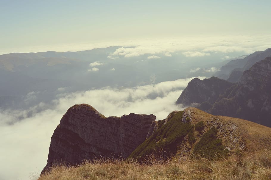 cliff, clouds, landscape, mountain range, mountains, nature HD wallpaper