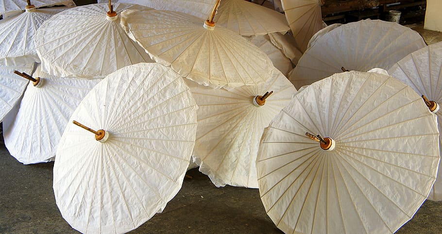 white umbrellas on floor, paper, manufacture, chiang mai, creative, HD wallpaper