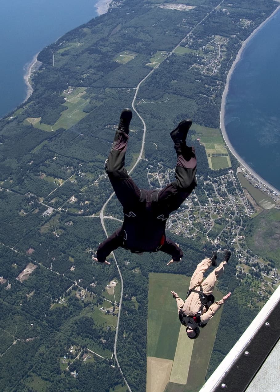 two people doing sky diving, Whidbey Island, Washington, Skydiving, HD wallpaper