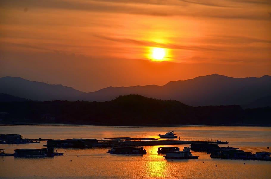 sunset, sea, ships, mountains, yung shue, village, sai kung HD wallpaper