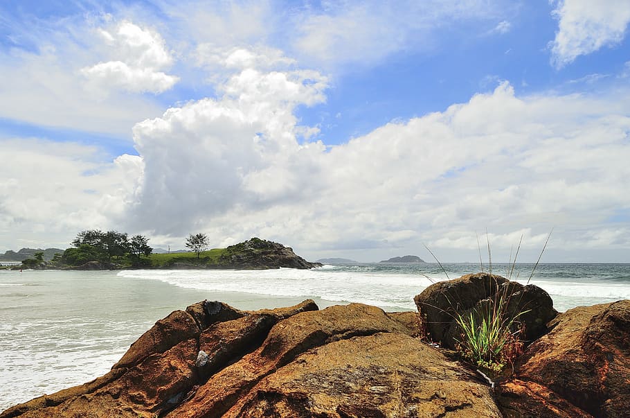 beach, grass, island, landscape, ocean, rock, sand, sea, seascape HD wallpaper