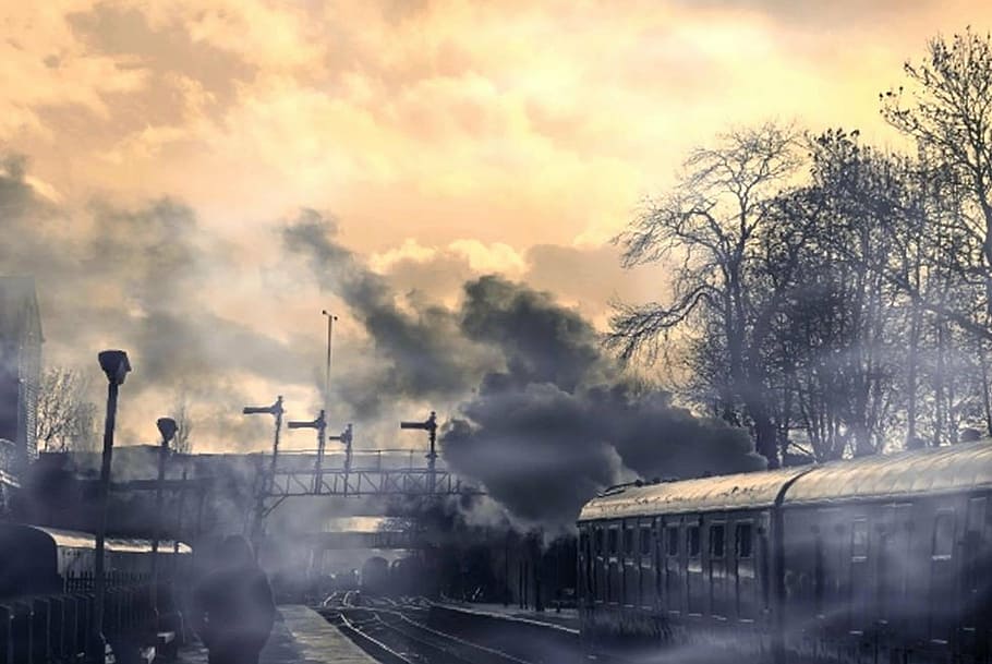 cloud, railway, train, man, outdoor, station, sky, male, bridge HD wallpaper