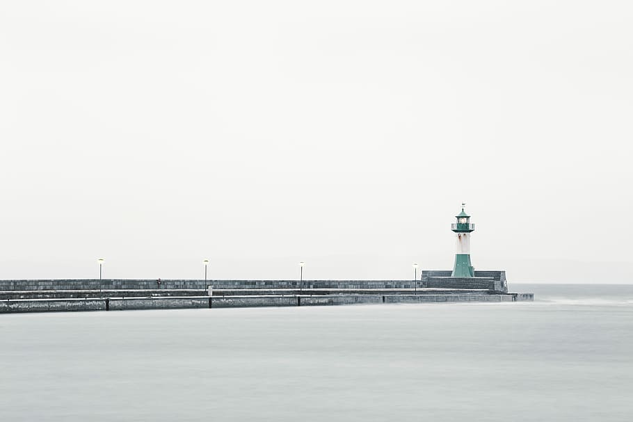 white and green lighthouse near body of water, white and green lighthouse HD wallpaper