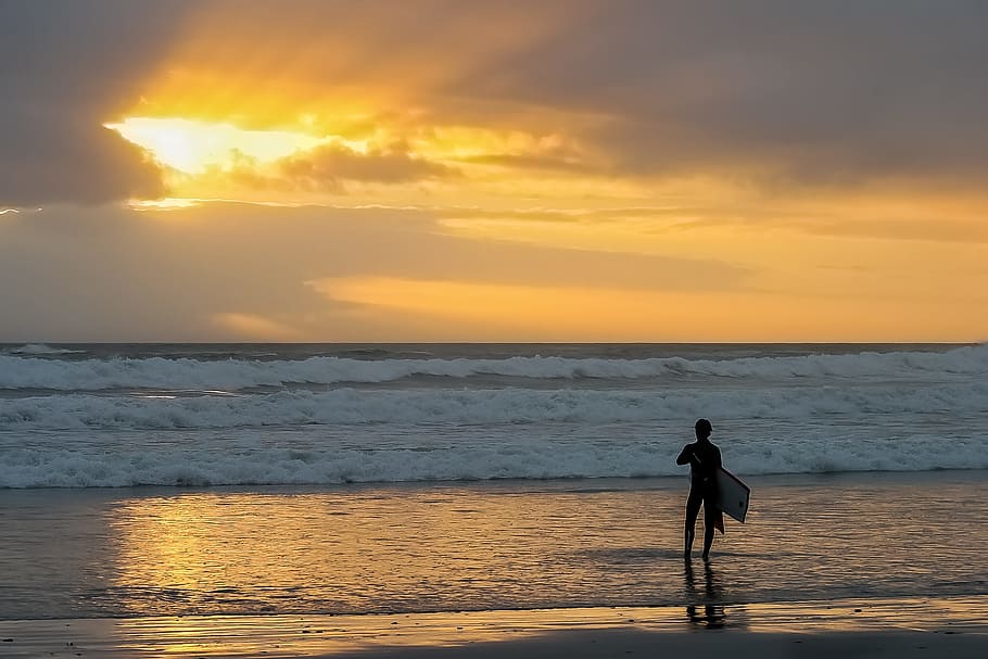 Surfer, Sunset, One, Sky, Beach, Sea, summer, coast, young HD wallpaper