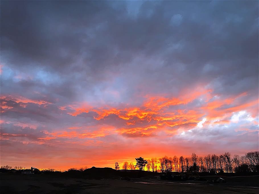 sunset, landscape, winter, trees, clouds, sky, colorful, red HD wallpaper