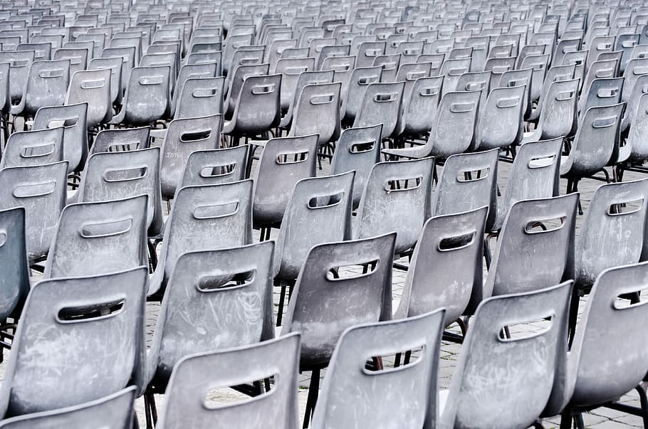 gray chairs lined up on pavement, lined up gray metal chair lot HD wallpaper