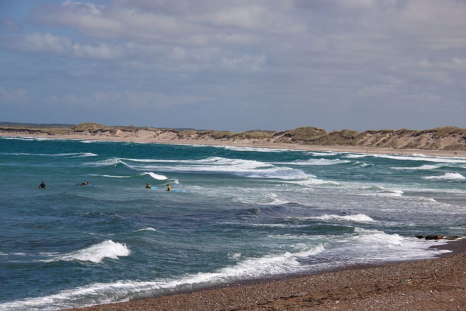 klitmoeller, beach, jutland, ocean, waves, surfers, surfing, HD wallpaper